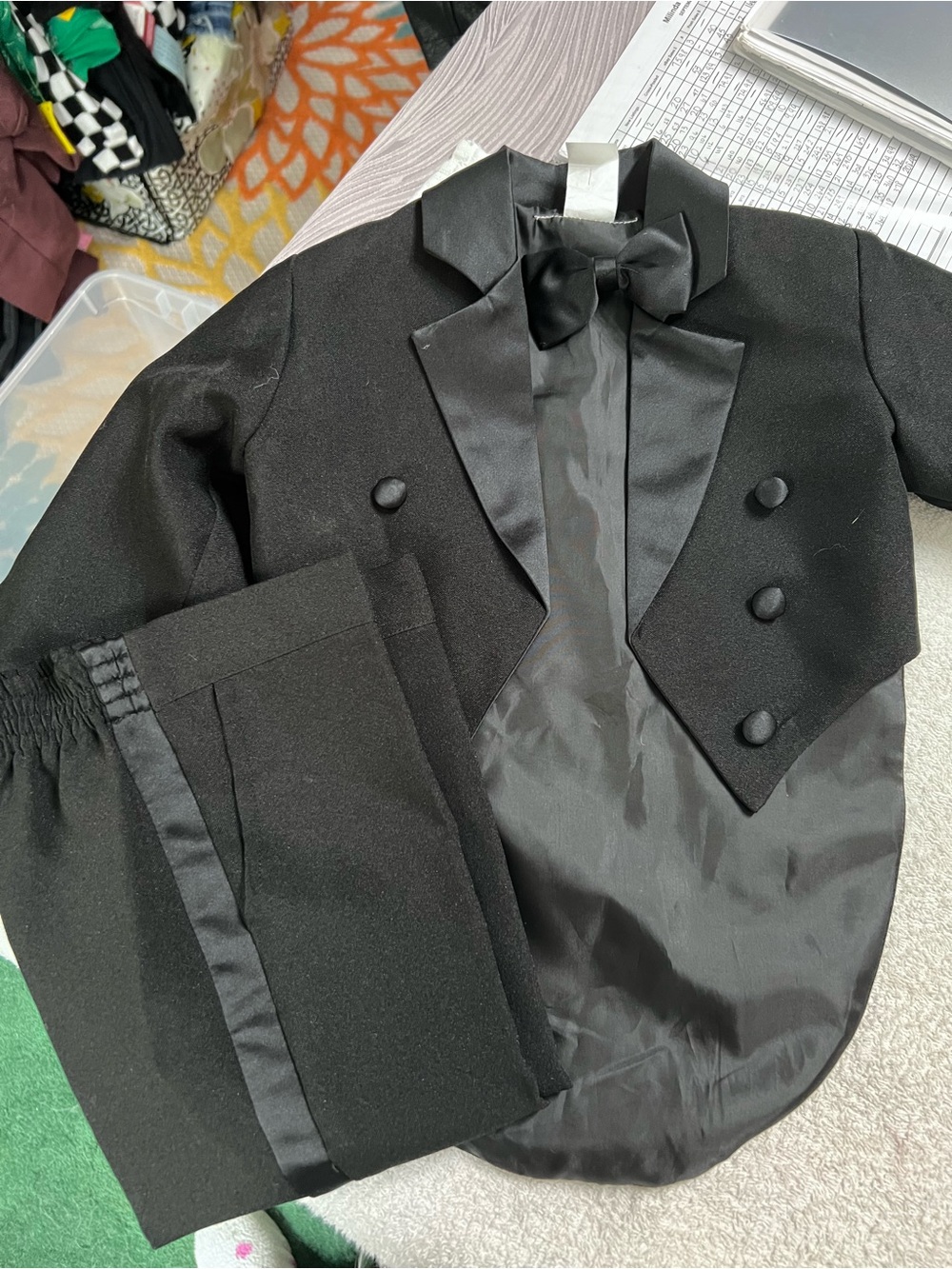 Boys Size 1 Black Tuxedo Tailcoat Suit Long Tails Satin Lapel Bow Tie Wedding